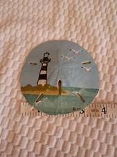 Vintage Hand Painted Sand Dollar Signed Lighthouse Beach Seagulls Scene