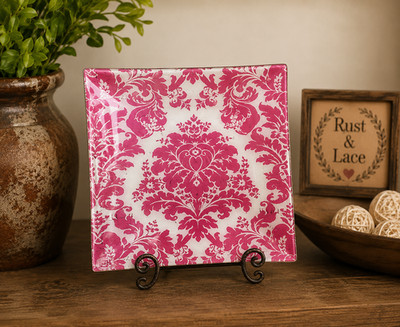 Vintage Michel Design Works Paris 1878 Glass Tray Plate Pink Damask