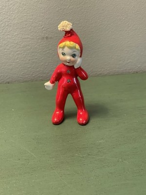 VINTAGE CERAMIC CHRISTMAS PIXIE- ELF, Rhinestone Eyes And Buttons
