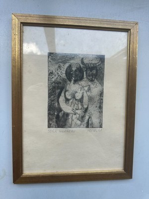 Old Wall Art Bull and Woman, Signed (1547)