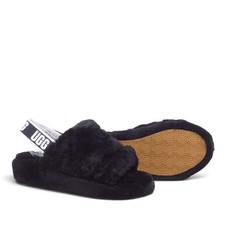 NEW UGG Womens Slippers Black Fluff Yeah Slide Fur Sheepskin Elastic Strap 7