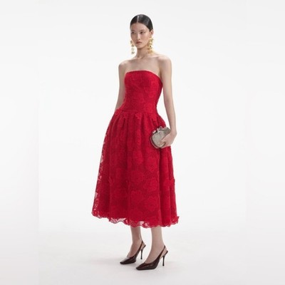 New Self Portrait Bandeau Red Lace Midi Dress size 6