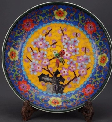 Antique ceramics cloisonné enamel Ming dynasty plate porcelain flower & bird JPN