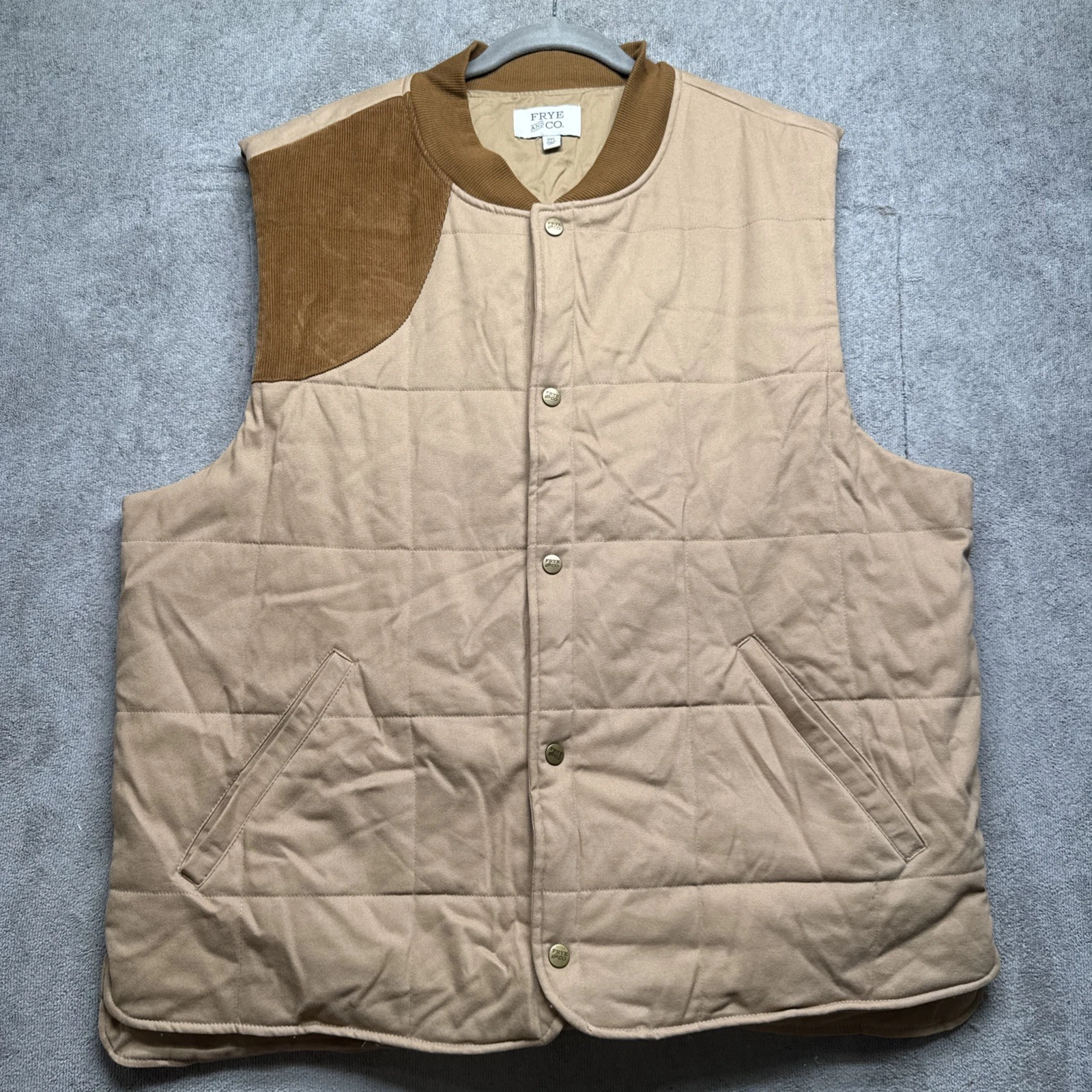 Men’s Quilted Canvas Workwear Vest Beige Contrast Shoulder Outdoor Rugged 3XL