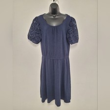 Talbots Blue Eyelet Crochet Puff Sleeves Knee Length Dress sz L
