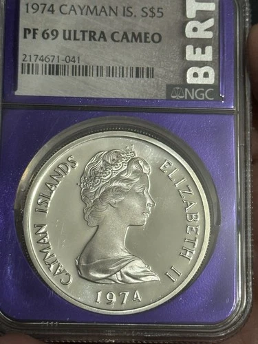 1974 CAYMAN ISLANDS, SILVER 5 DOLLAR -- NGC PF 69 ULTRA CAMEO,  FINEST KNOWN