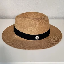 Posh Botton Boutique Womens Panama Straw Brown Hat  Black Ribbon Logo CC One Siz