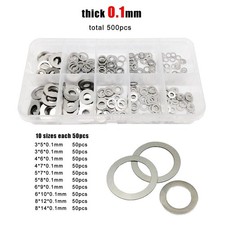 500pcs M3-M8 304 A2 Stainless Steel Ultra Thin Flat Washer Shim Set Kit Box