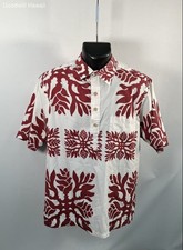 Vintage 90s Manuheali'i Men's White Red Tribal Print Pullover Aloha Shirt L