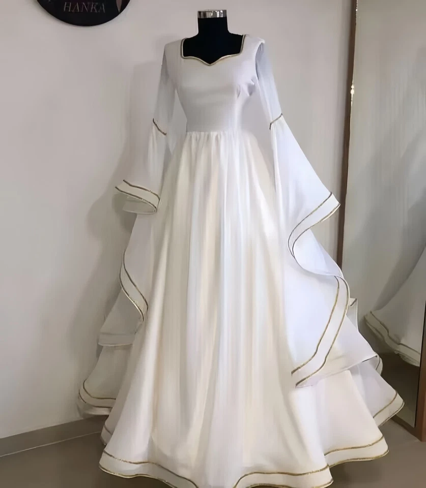 Vintage Wedding Dresses Flared Long Sleeve Square Neck Bridal Gowns White Ivory - Image 3 of 4