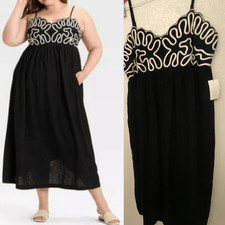 A New Day Crewel Maxi A-Line linen Dress black white embroidery sun dress XXL