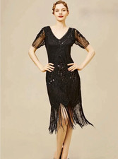 BABEYOND 1920s Flapper Black Gatsby Beaded Sequin Fringe Sheath Dress Costume XS