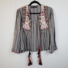 Zara Woman Jacket XL Embroidered Tassels Striped Lightweight Boho Festival Beach