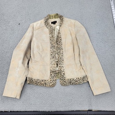 Bagatelle Jacket Womens Large Beige Open Front Genuine Leather Cut-Out Trim