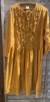 Senf Baumwolle Boho Prärie Midikleid Rüschendetail Terrand Indien Größe 16
