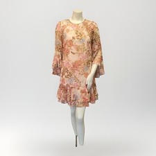 ELIZA J FLORAL  BELL SLEEVE RUFFED CHIFFON  SHIRT DRESS METALLIC ACCENT Size 8