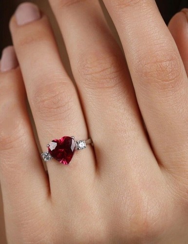 3.25 Ct Heart Cut Ruby & Moissanite Ring 14K White Gold Plated - Picture 3 of 7