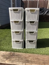 2x White Medium Rattan Effect Plastic Storage Drawers Stackable Organizer Unit