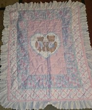 VTG Handmade Baby Nursery Quilt Blanket Pink Teddy Bears