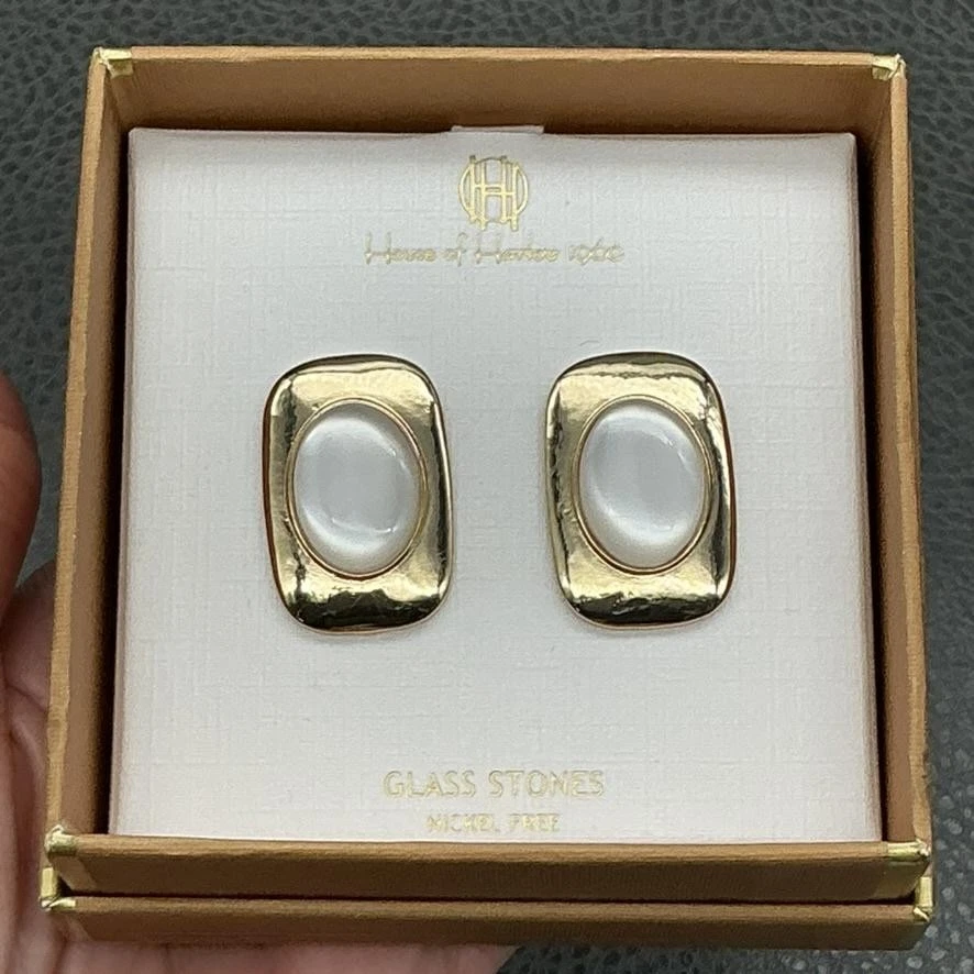 Pendientes House of Harlow 1960 Piedras de Vidrio Sin Níquel Tono Dorado Ovalados Nuevos en Caja Foto 4 de 4
