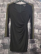 GUESS Studded Ruched Sheath Dress Black Size 8 Bead Gold Studded Sleeve Lined