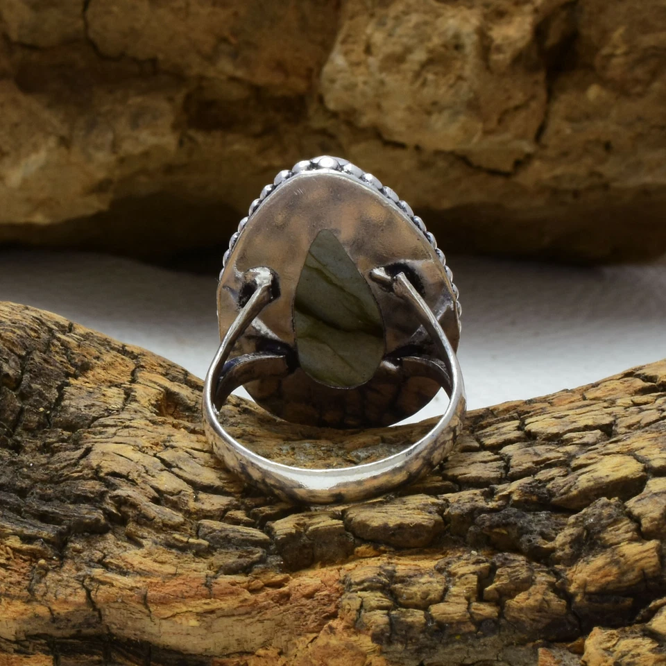 Estética Piedra Labradorita 925 Plata de Ley Hecho a Mano Anillo Todo Talla - Imagen 3 de 3