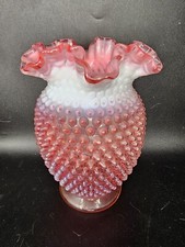 Vase,Fenton, Vintage Cranberry Hobnail Vase Ruffled Top Opalescent Glass 8" Tall
