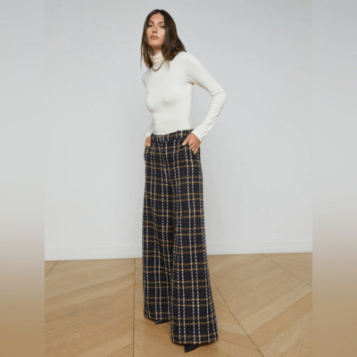 LAGENCE Pilar Wide Leg Satin Pant Plaid Tweed Print Trouser Size 2  display picture 1