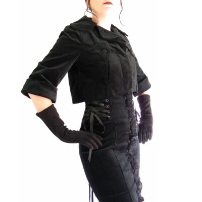 Boléro Velours Noir Lip Service - Doublure Satin Bleu - Style Gothique Victorien - Taille S