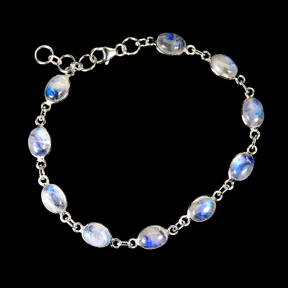 925 Sterling Silver Bracelet Oval Moonstone 8x6mm Gemstone Jewelry 7.5 Inches