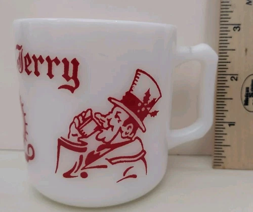 Vintage Hazel Atlas Milk Glass Tom And Jerry Mug.  White/Red