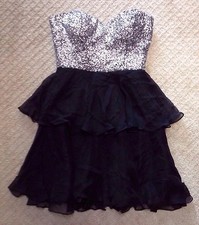 NWOT Women's Scala Silver Sequin and Black Silk Strapless Evening Prom Dress