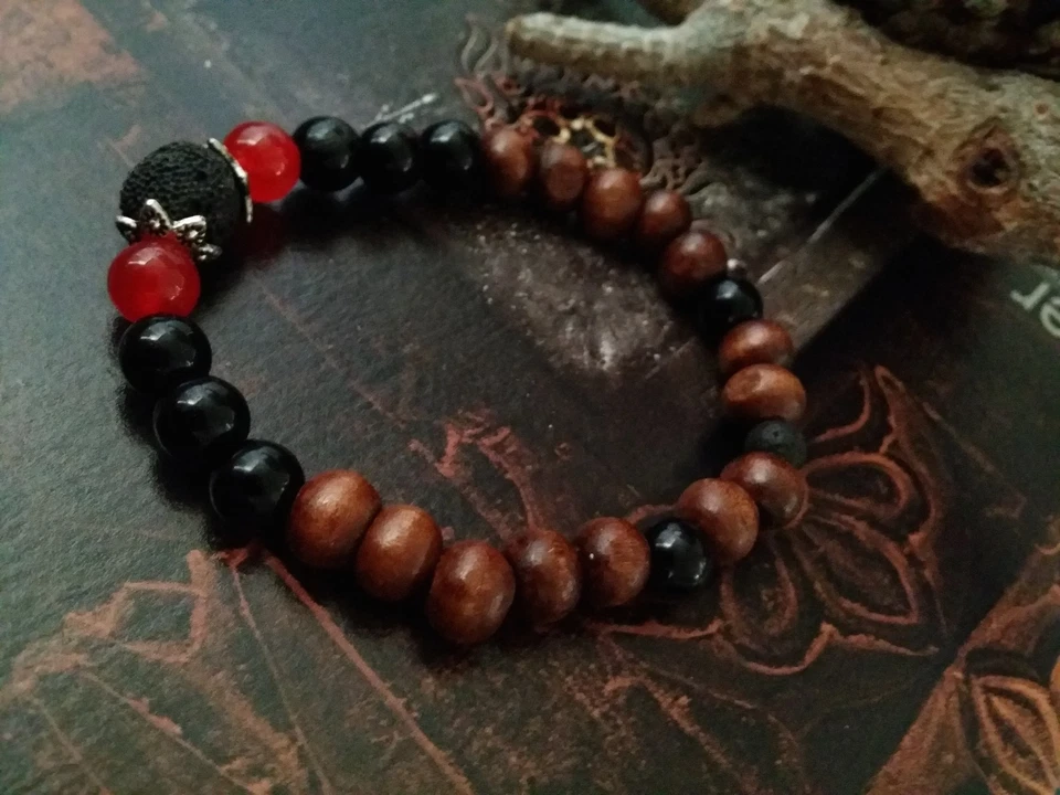 Pulsera JADE ÓNIX LAVA Energía Abierta Gemas Madera Cuentas Negra Protección Karma  Foto 2 de 4