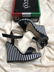 black and white striped wedge sandals