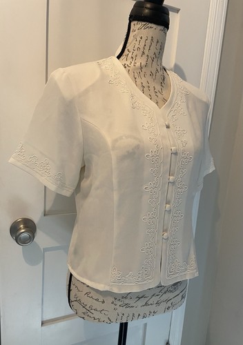 Camicetta semi trasparente Worthington top bottoni davanti beige ricamo donna taglia 10P - Foto 2 di 8