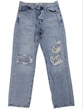 Free People High Rise Jeans Sz 27 Distressed Straight Leg Light Wash Button Fly