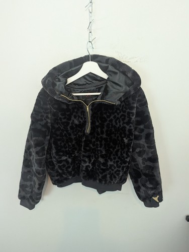 Jordan Faux Fur Jacket Womens S Black Half Zip Hoodie Animal Leopard Print