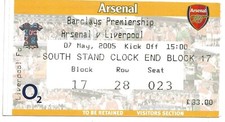 ARSENAL V LIVERPOOL ~ 7 MAY 2005 ~ MATCH TICKET