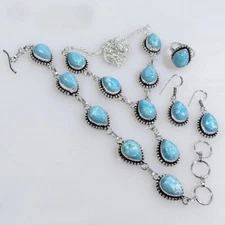 Larimar Gemstone 925 Silver Handmade Necklace, Bracelet, Ring, Earring Set