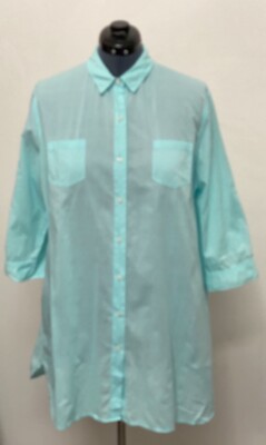 Land's End LP L Petite 14 16 Aqua Blue Cotton 3/4 Sleeve Tunic Shirt Dress