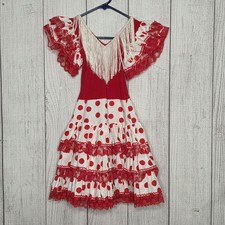 Girls Flamenco Dress Red White Polka Dot Ruffle Lace Fringe, sz 6