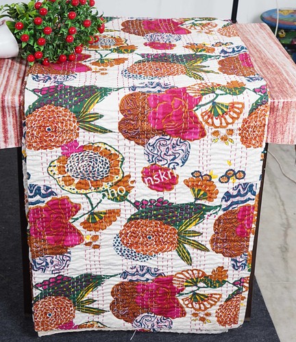 Indian hand stitched cotton floral fruit print kantha quilt gudari throw - Picture 44 of 50
