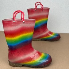 Kids Rain Boots Size 1 Rainbow Ombre Glitter Pull Handles Waterproof Shoes
