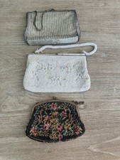 VTG Austrian Petit Point Floral Handbag Purse, White beaded and metallic trio