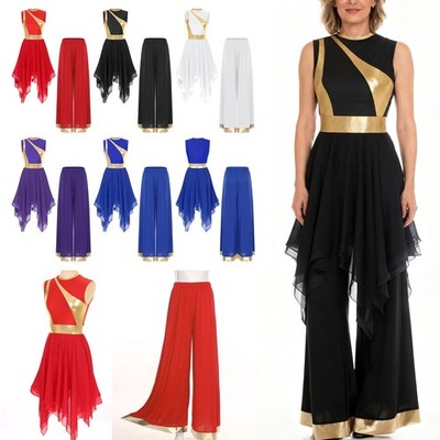 DE Damen Liturgisches Tanzkleid Metallisches Kostüm Ensemble Tunika Und Hose