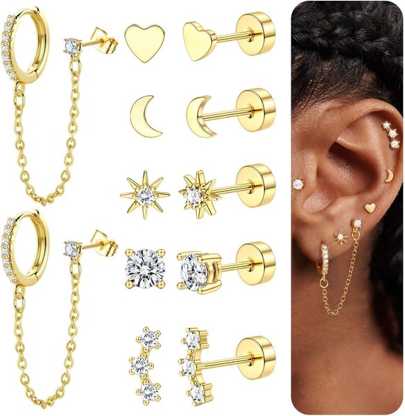 Ohrringe Set 6 Paar Gold Hypoallergen Chirurgenstahl 14K Creolen FüR Damen-image