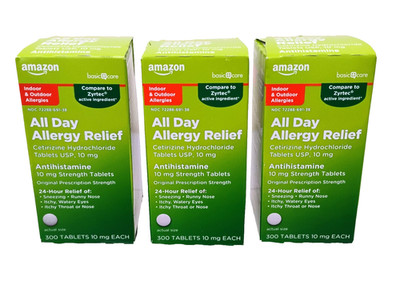 Lot of 3 Amazon All Day Allergy Cetirizine HCL 10mg 300 Tabs Exp 6/27 New Sealed