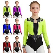 Kids Girls Bodysuit Athletic Leotard Shiny Rhinestones Unitard One Piece Yoga