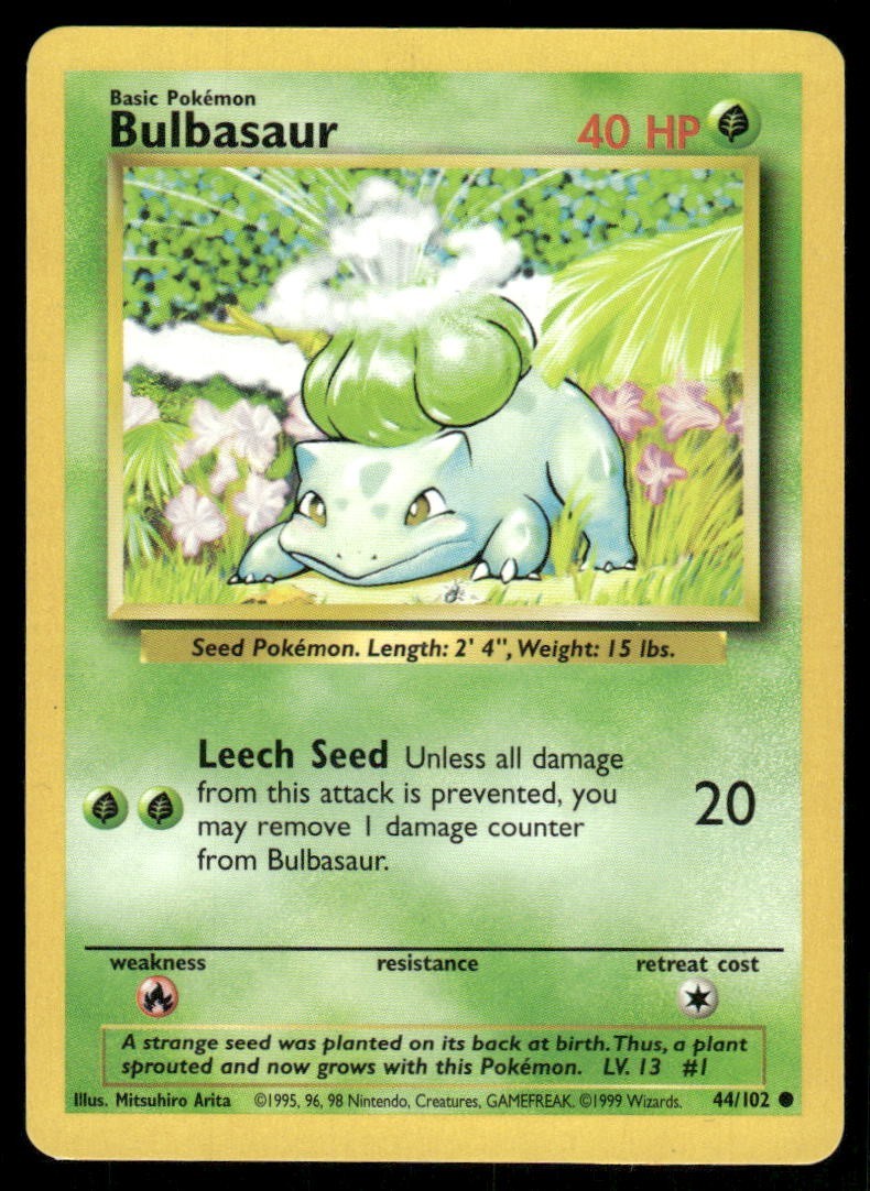 Bulbasaur 1999 Base Set Unlimited WOTC Vintage Pokemon Card 44/102 (LP-NM)