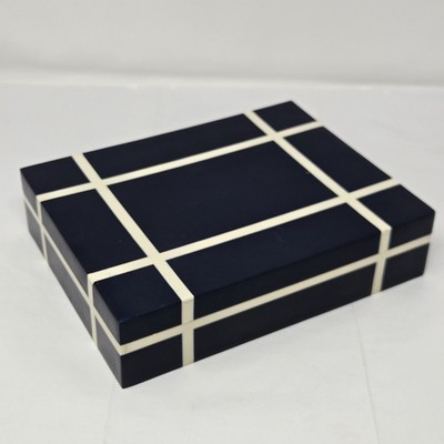 Handmade Geometric Bone Inlay Valet Box Navy Blue Modern Storage Decor 9L×7W×2H